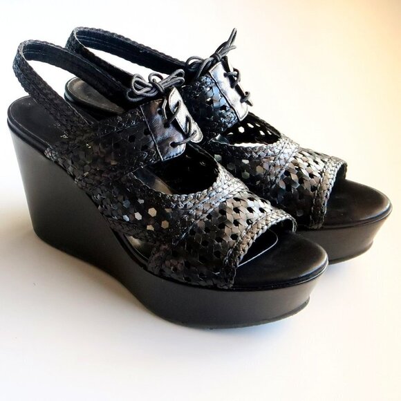 Stephane Kelian Black Leather Platform Wedge Heel Lace Up Sandals / Summer Shoes - Picture 4 of 16